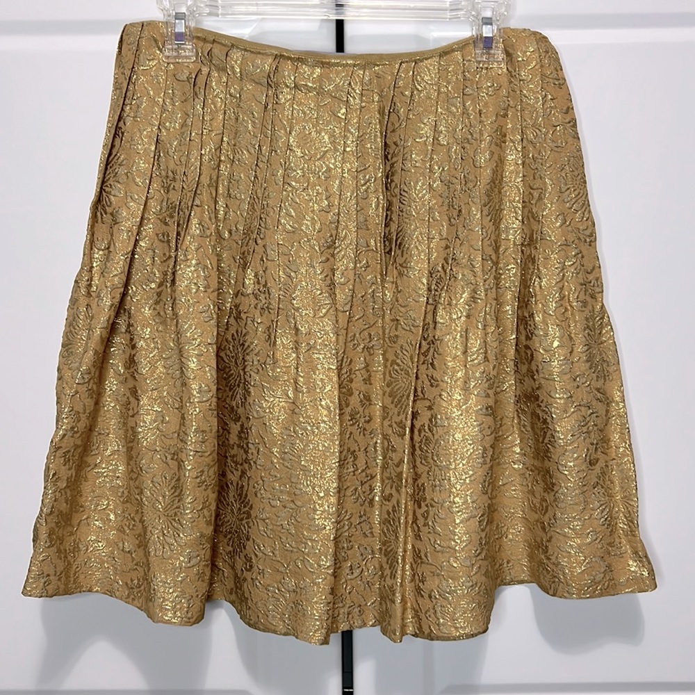 Vera Wang Gold Floral Pleated Skirt Sz 4 Metallic Silk Blend Lavender Label